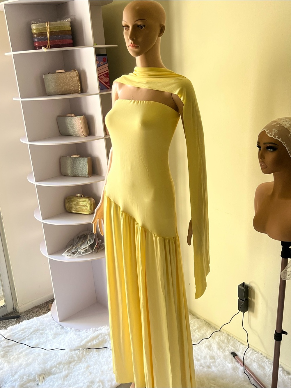 Elegant Yellow One-Shoulder Maxi Dress with scarf and left side slit